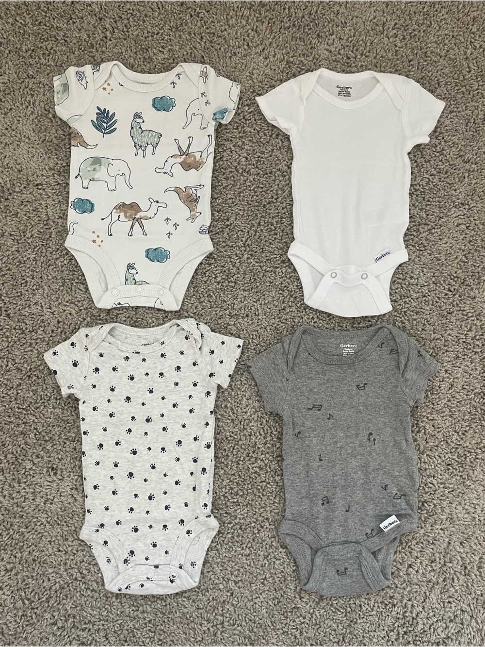 Carter's and Gerber Neutral One-Piece Bodysuits- White, Gray, Cream, Patterned